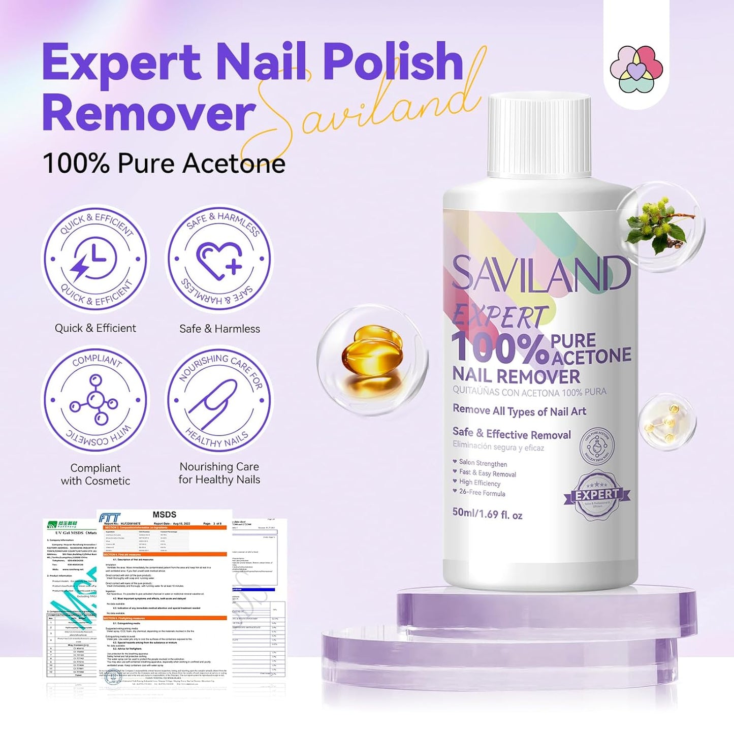 SAVILAND Acetone Nail Polish Remover Kit: 50 ML Expert Gel Nail Polish Remover Non-Drying Gel Remover with Cuticle Oil & Tools Quick Removal for Nail Polish Acrylic Dip Powder DIY Salon