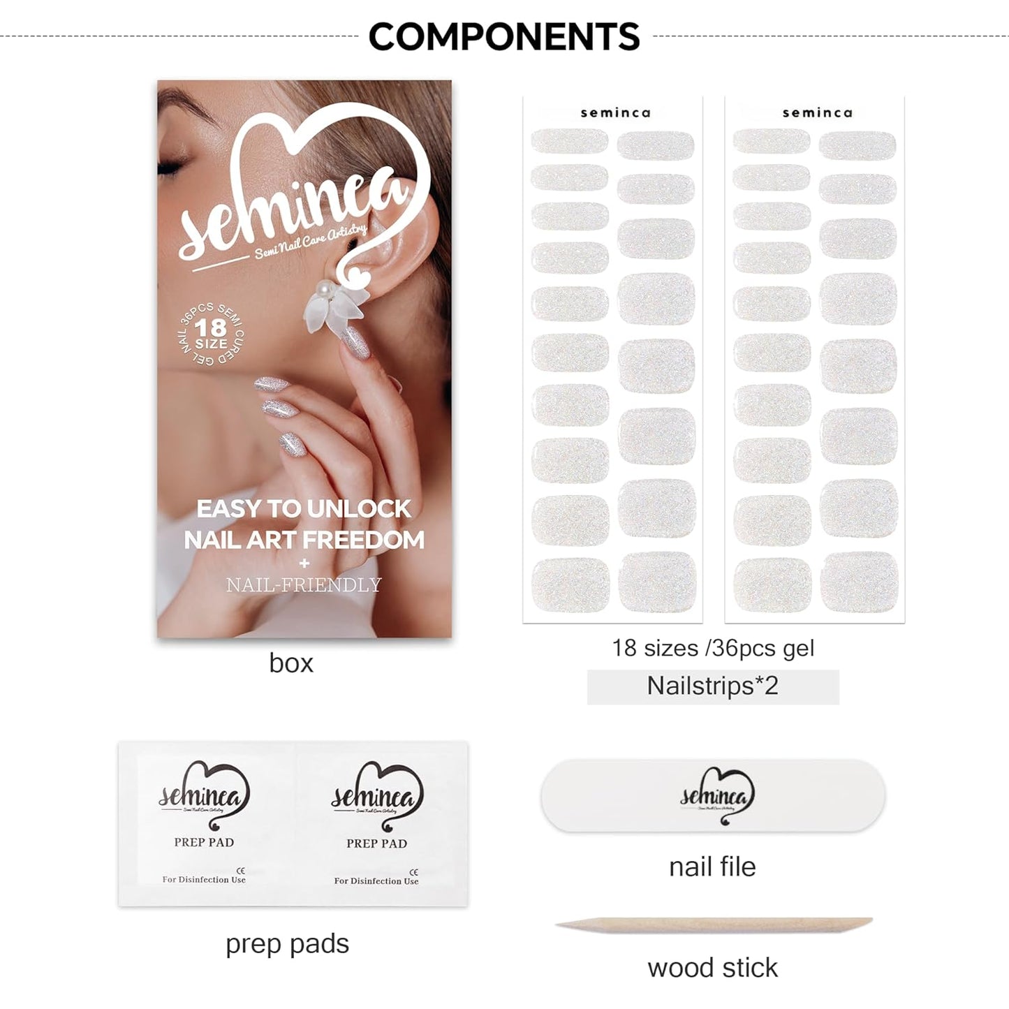 Semi Cured Gel Nail Strips-Works with Any UV/LED Lamps(Gleam Silver)