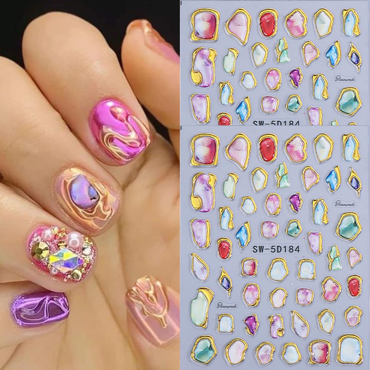 Marble Nail Art Stickers 5D Embossed Gold Line Marble Nail Decals 2PCS Gradient Bloom Metallic Irregular Grain Design Self-Adhesive Manicure Stickers Accessories for Women DIY Nail Art Decorations