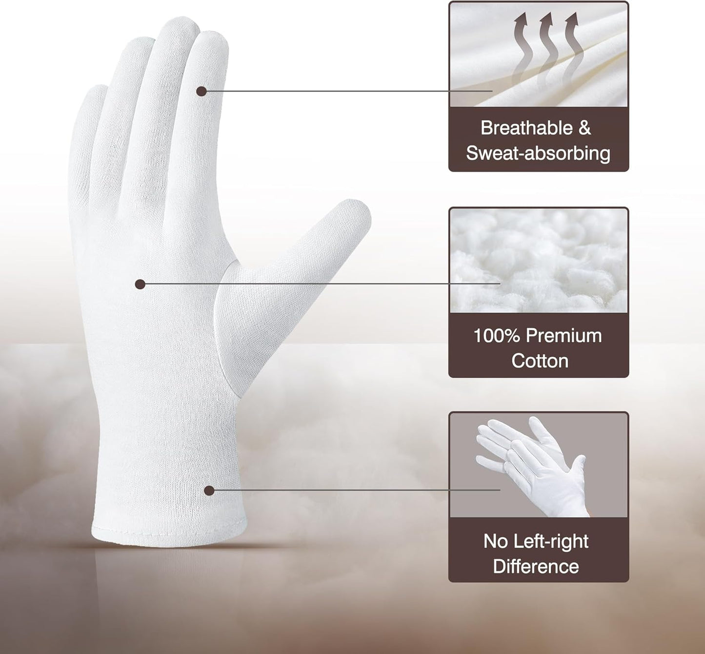 COOLJOB 6 Pairs 100% Cotton Gloves for Dry Hands Moisturizing & Eczema, Overnight Lotion, Sleep & Spa Treatment for Women & Men, Breathable Work Glove Liners, White, Small