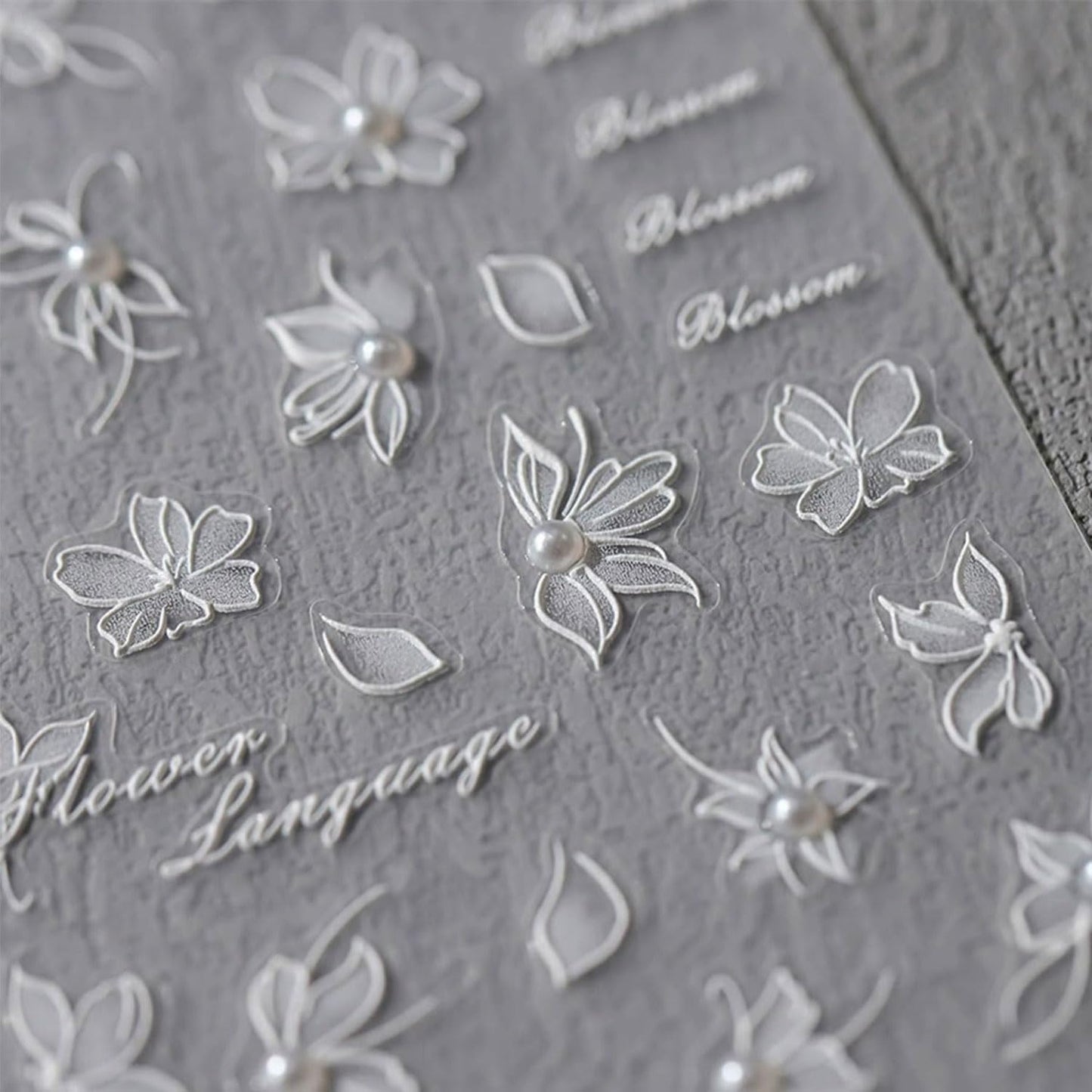 Flower Nail Stickers White Nail Art Stickers Pearl Floral Nail Decals Self-Adhesive 5D Embossed Nail Decals for Women Girls Acrylic Nails Manicure DIY Nail Supplies