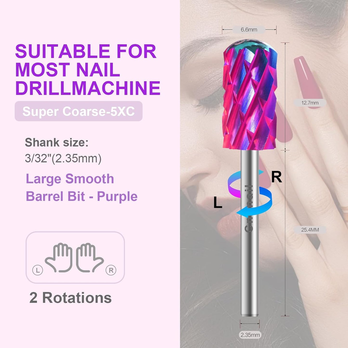 3/32" 2PCS Large Barrel Smooth Round Top Tungsten Carbide Nail Drill Bit Safety Bit for Gel & Acrylic Removal, Right Way Rotating Efile Tip, Salon Electric File Accessory (5XC Grit, Purple)