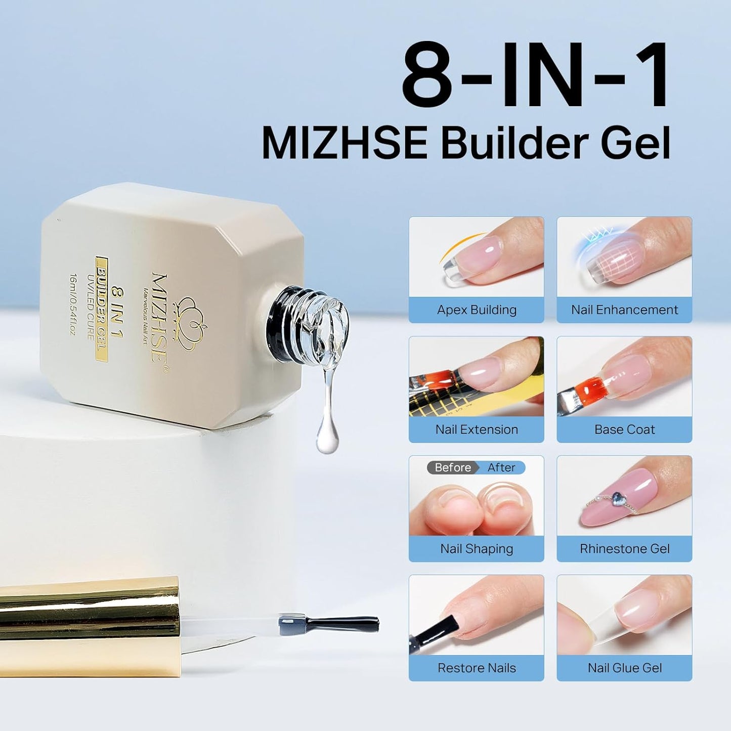 MIZHSE Builder Gel for Nails, 8-in-1 Clear Hard Builder Nail Gel Strengthener Gel Thickening Extension Rhinestone Glue in a Bottle for Nail Salon LED & U V Lamp Needed 16mL