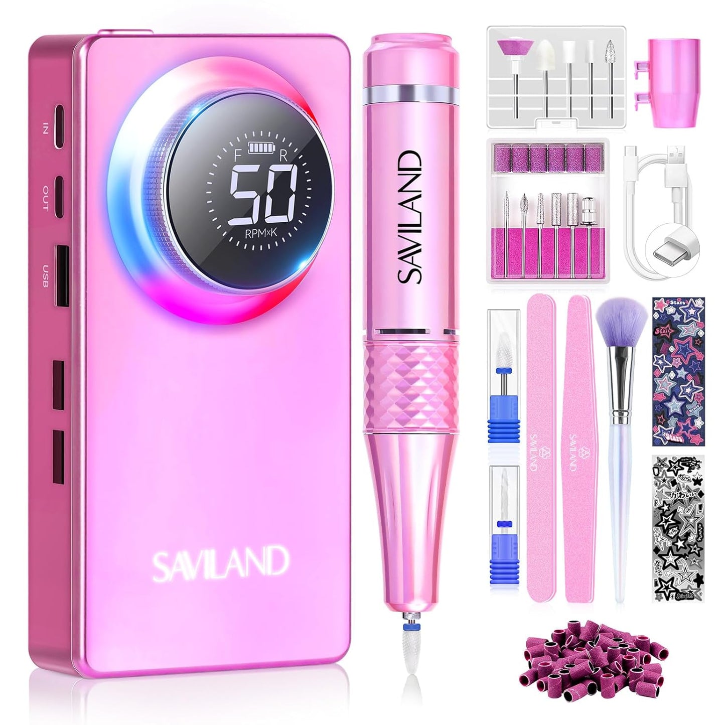 SAVILAND Professional Nail Drill Kit: 50000RPM Rechargeable Electric Nail File Machine E-File with 6000mAh Battery, Ceramic Bits and Stickers for Manicure Pedicure Shaping & Acrylic Removal Salon Use