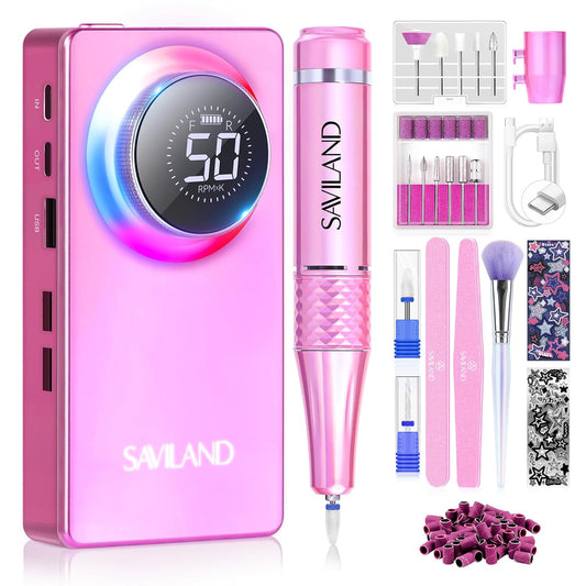 SAVILAND Professional Nail Drill Kit: 50000RPM Rechargeable Electric Nail File Machine E-File with 6000mAh Battery, Ceramic Bits and Stickers for Manicure Pedicure Shaping & Acrylic Removal Salon Use