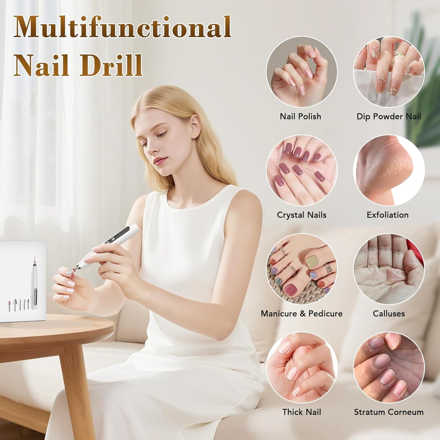 Electric Nail File, DOCOCO Cordless Nail Drill, Portable Efile Nail Set for Acrylic Gel Dip Powder Nails, Rechargeable Nail Machine with Nail Drill Bits for Salon Home