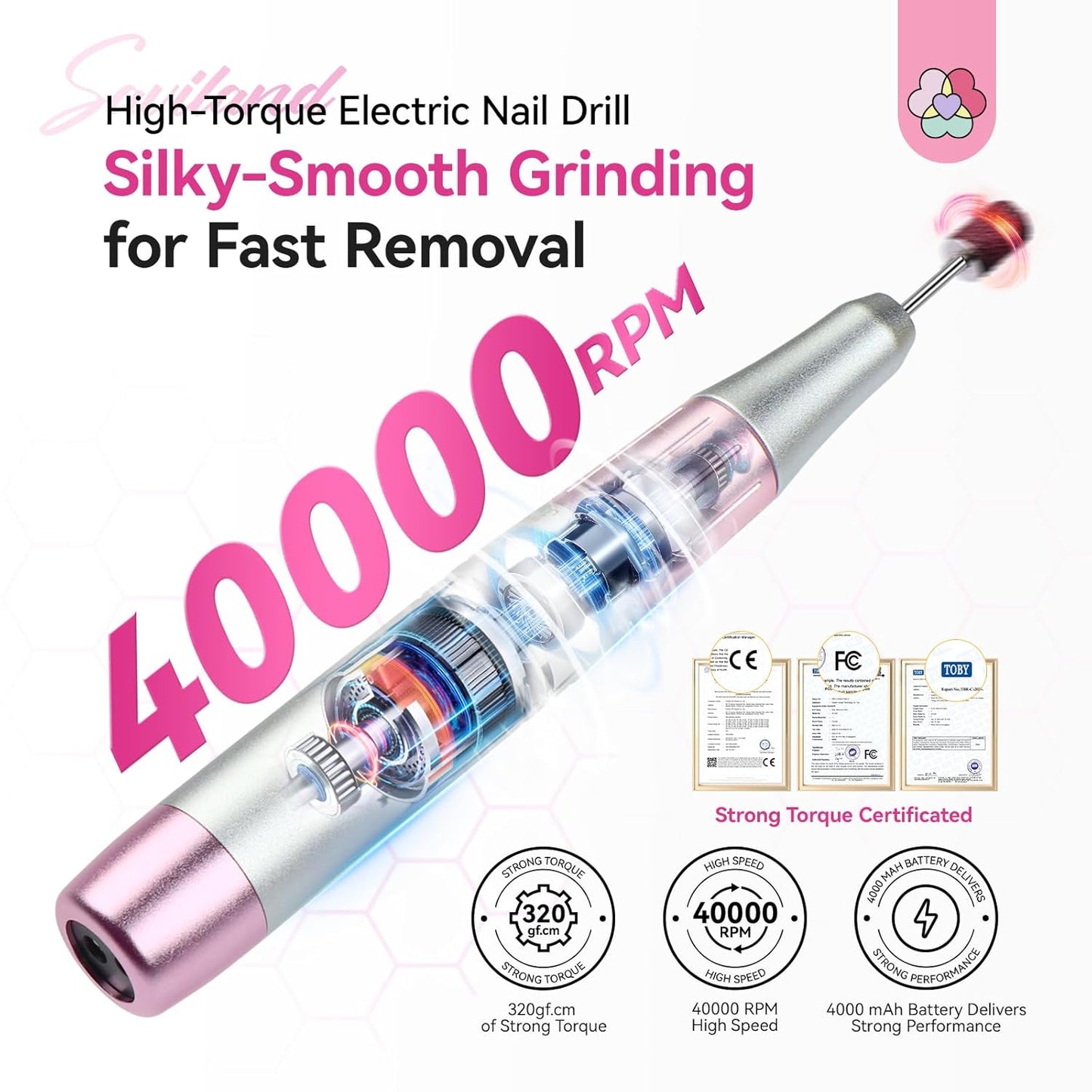 SAVILAND Essentials Electric Nail Drill: 40000RPM High-Torque Nail File Quick Removal for Acrylic Nails Easy Operation Portable Nail Drill for Beginner Home DIY Nail Art Manicure Pedicure