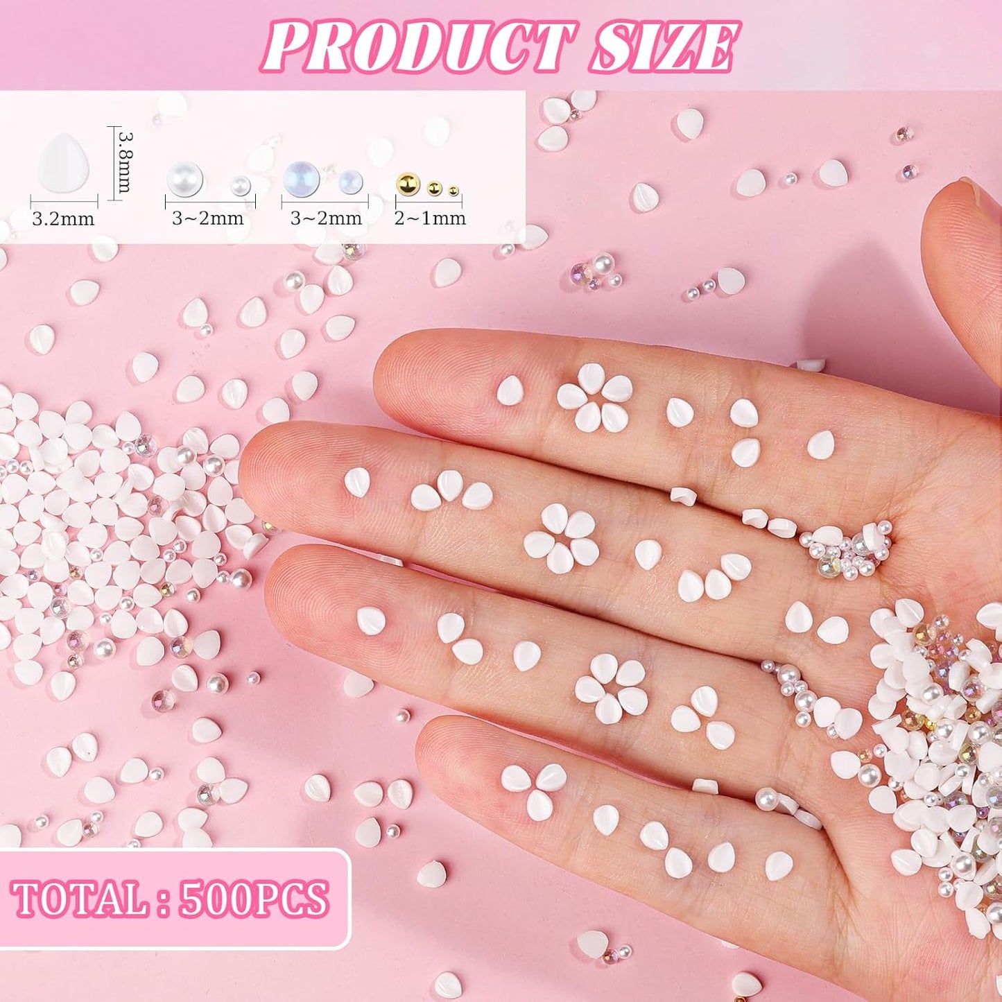 500Pcs Flower Nail Charms Kit, 400Pcs 3D White Flowers Petals and 100Pcs Round Pearls with Gold Metal Caviar Beads Bubble Beads, Cherry Blossom Petal Tiny Gems Mixed Rhinestone for Nails DIY