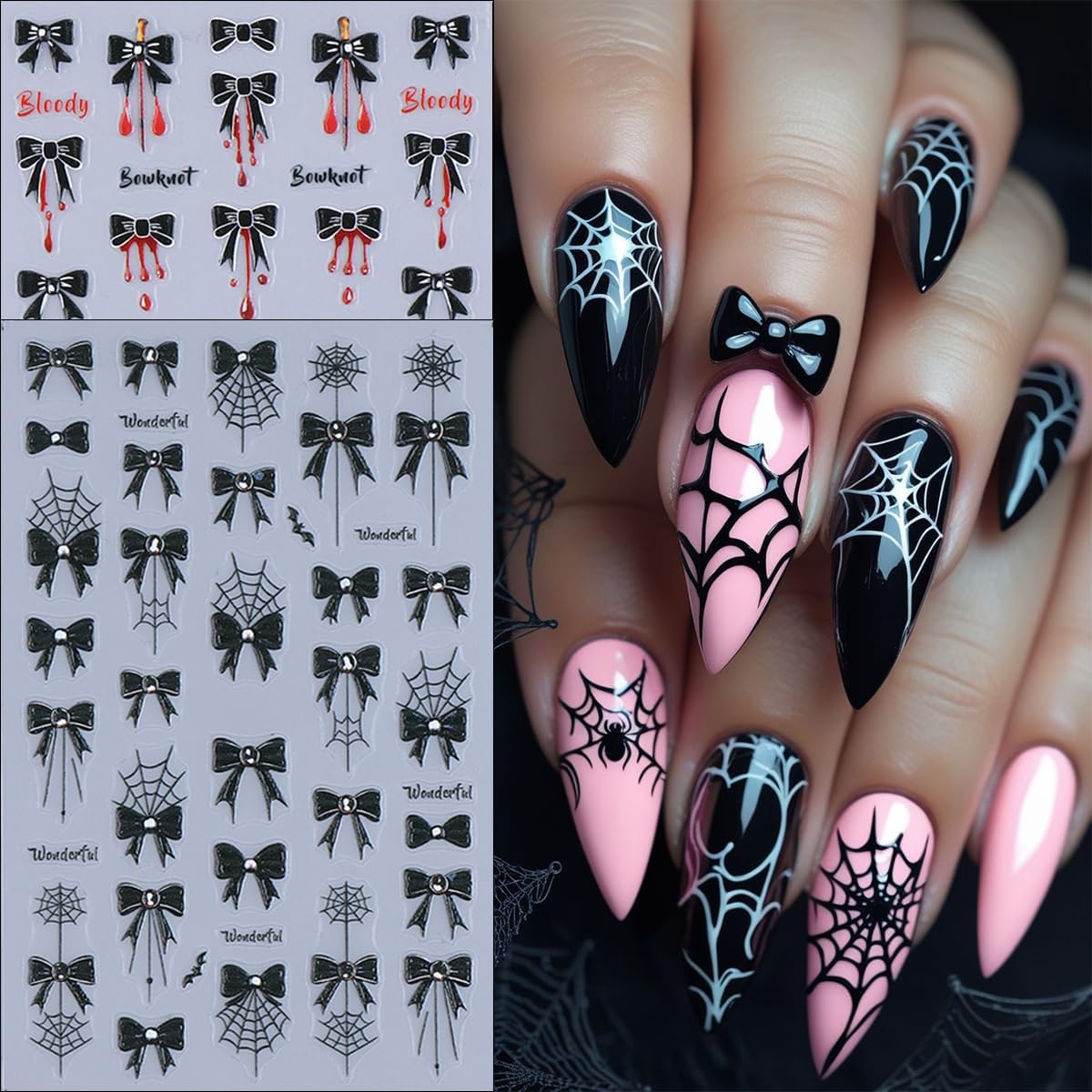 4 Sheets Halloween Nail Art Stickers Black Bow Spider Web Y2K Nail Decals 3D Self-Adhesive Bloody Drop Bowknot Nails Stickers Gothic Halloween Nails Decorations for Women Holiday DIY Manicure Supplies