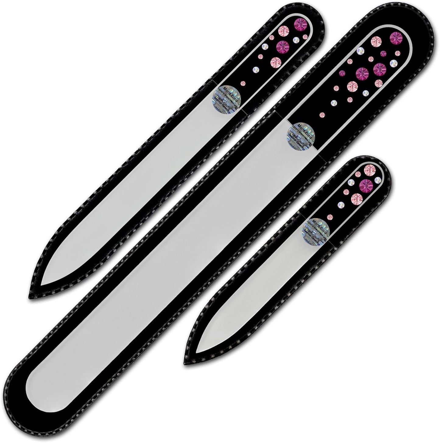 Mont Bleu Set of 3 Glass Nail Files Hand Decorated with Crystals - Handmade - Czech Tempered Glass