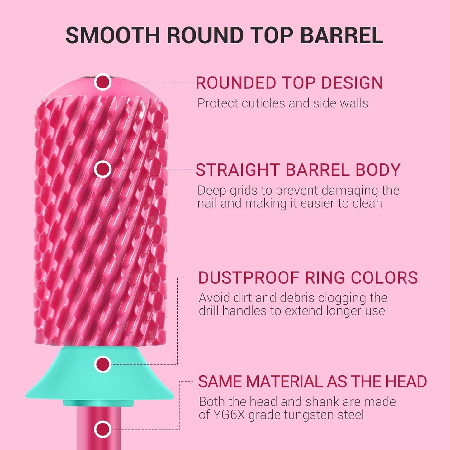 MelodySusie Safety Nail Drill Bits, 3/32'' Smooth Round Top Large Barrel Carbide Bits, Suitable for Manicure Pedicure Cuticle Gel Polishing, Beginners Bits, Pink Blossom, Series Bit-S
