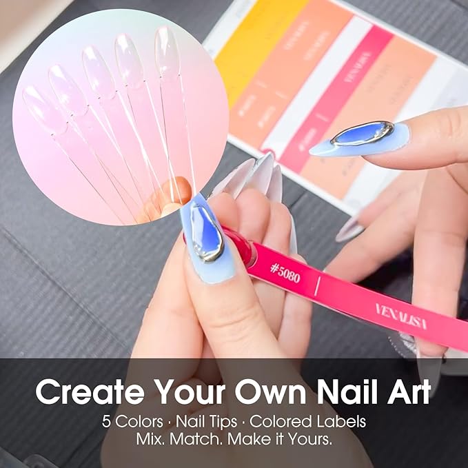 VENALISA 10 ML White Gel Nail Polish Set with DIY Nail tips Kit, 5Pcs White Blue Baby Pink Red Glittle Pastel Gel Polish Color High Gloss Soak Off U V Nail Manicure Salon DIY