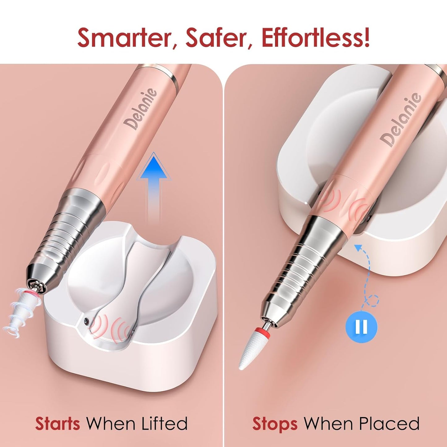 Delanie Brushless Nail Drill 35000 RPM Professional Rechargeable Portable Electric Nail File for Nail Tech, Rose Gold