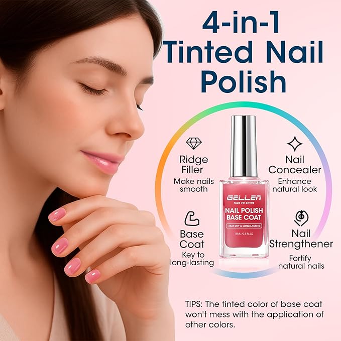 GELLEN 4‑in‑1 Clear Nail Polish Base Coat Sheer Tinted Red, Ridge Filler, Nail Strengthener & Concealer, Calcium Formula Strengthen Nails, Natural Color Enhance Natural Look, HEMA Free, Anti Yellow