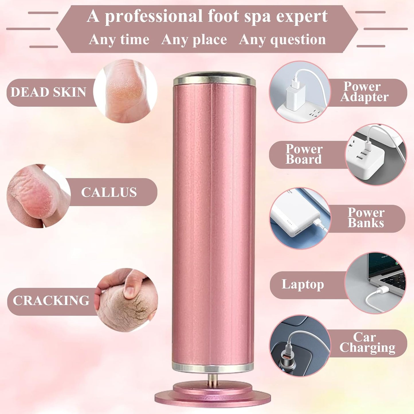 Electric Callus Remover for Feet, USB Power Supply Powerful Electric Foot File Sander Scrubber with Speed Controller & 60Pcs Replacement Sandpaper Disk for Dead Skin, Cuticles Pink
