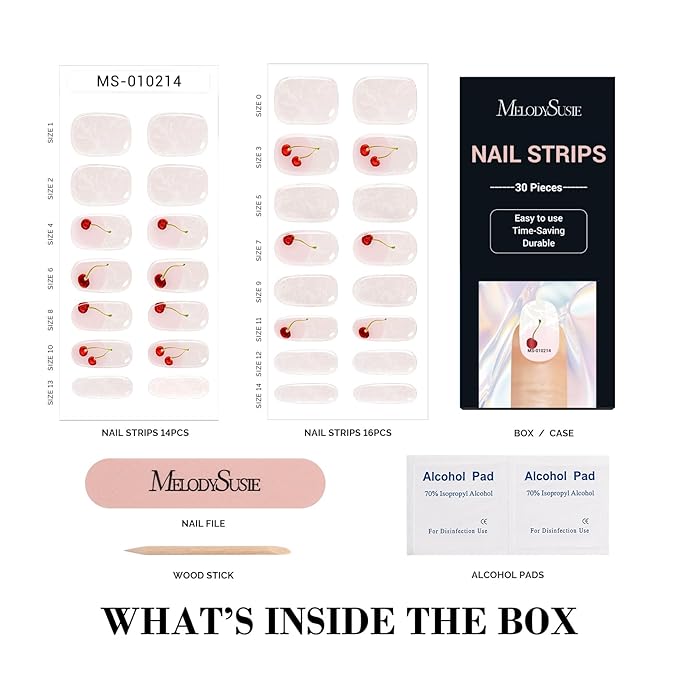 MelodySusie 30PCS Semi Cured Gel Nail Strips (Cherry White French Tips), Works with Nail lamp, Salon Quality, Long Lasting, Easy to Apply and Remove, Includes 2 Prep Pads, Nail File and Wooden Stick