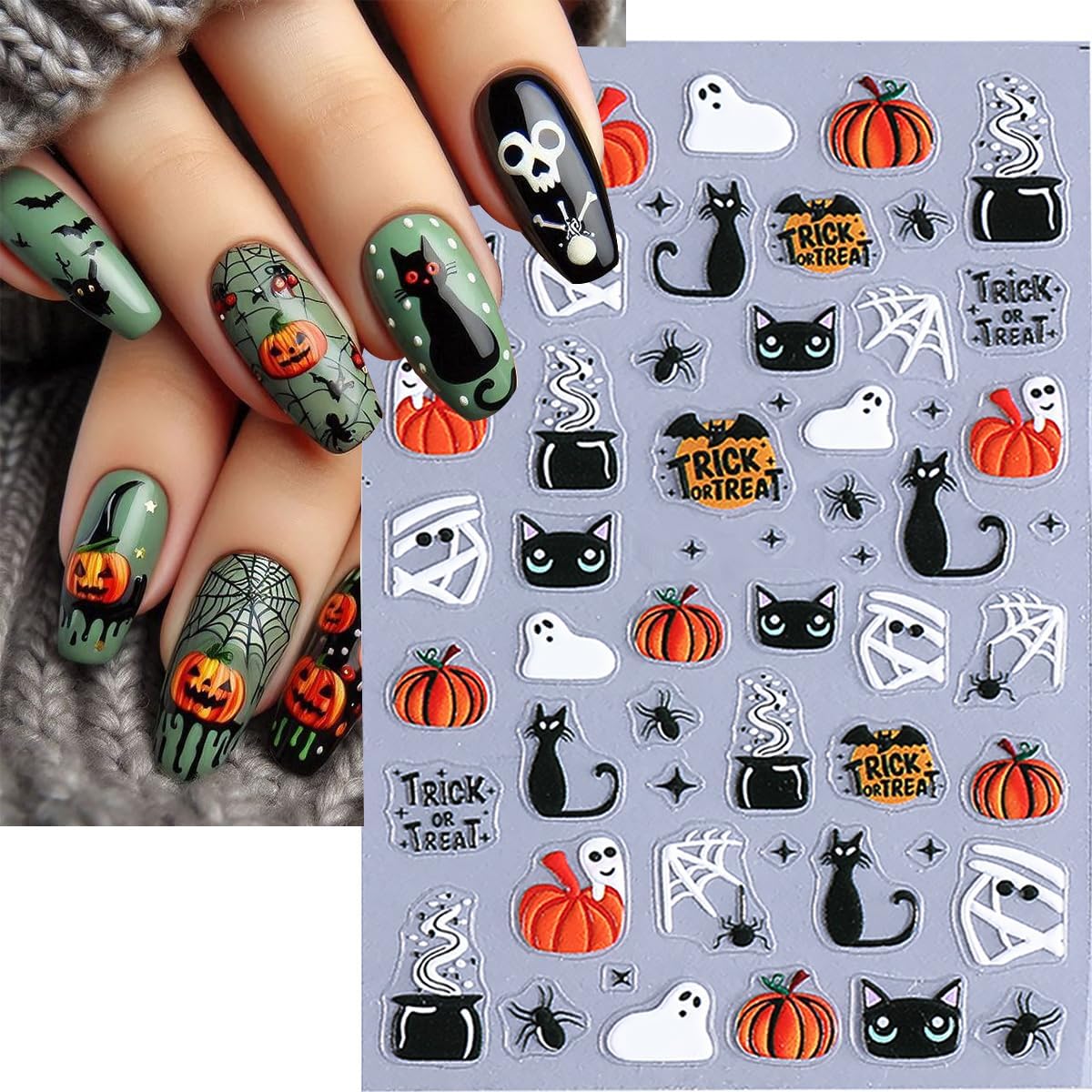 3 Sheets 5D Embossed Halloween Cat Nail Stickers for Nail Art Self Adhesive Cat Cute Ghost Nail Decals Spooky Spider Web Pumpkin Bandage Nail Designs Stickers Holiday Nails Supply for Women Manicure