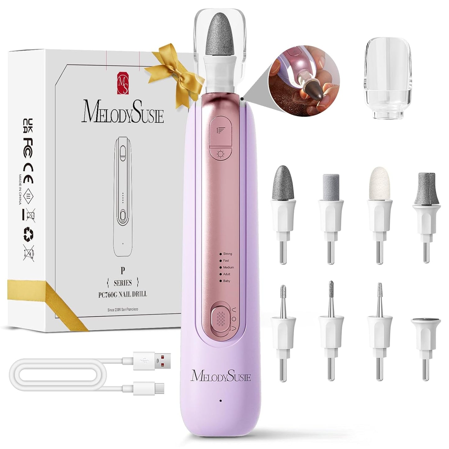 MelodySusie Professional Manicure Pedicure Kit,8-in-1 Electric Nail Drill Set with 5 Speeds,Rechargeable Cordless E-File with 360° LED Light,Perfect Hand Foot Care Trimmer Polish Tools - PC760G