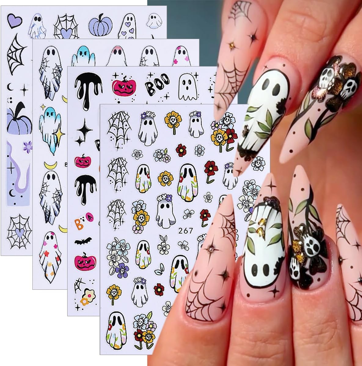 8 Sheets Halloween Nail Art Stickers Decals 3D Self-Adhesive Heart Spider Web Pumpkin Skull Flower Nail Decals Cute Ghost Nails Decorations Gothic Nail Stickers for Women Halloween Manicure Supplies