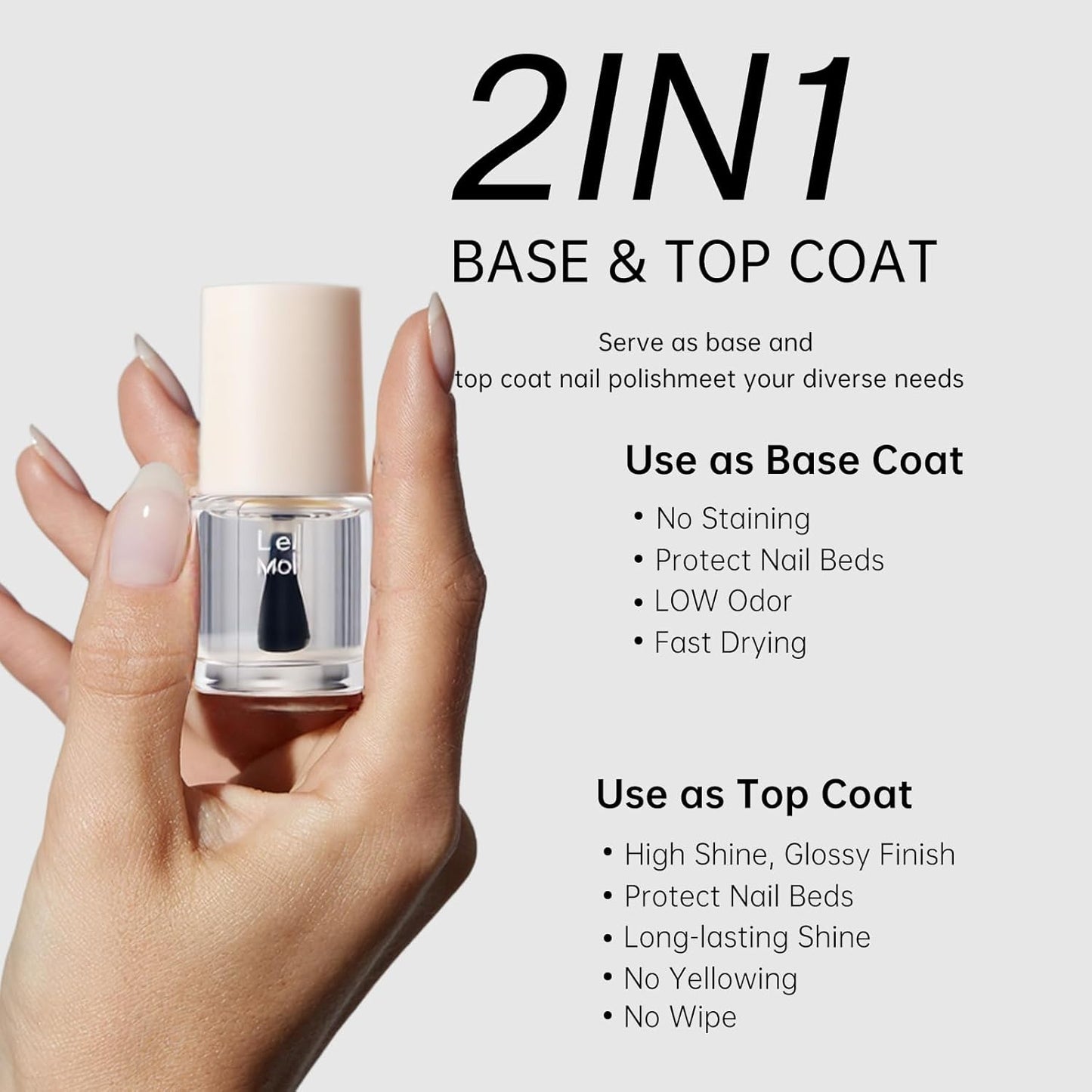 2 in 1 Base Coat Top Coat Nail Polish, Clear Quick Dry Nail Lacquer Color Base Protection High Shine Long Lasting Glossy Fast Air Dry Nail Polish-8.5ML