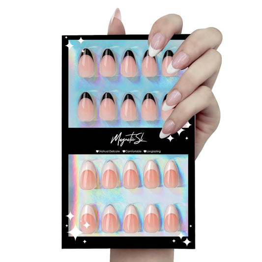 64PCS Press On Nails Black & White French Tip- Short Almond Shape with Classic Accents | Dual-Color Fake Nails for Women | Reusable, Chip-Free Nail Kit with Complete Tools