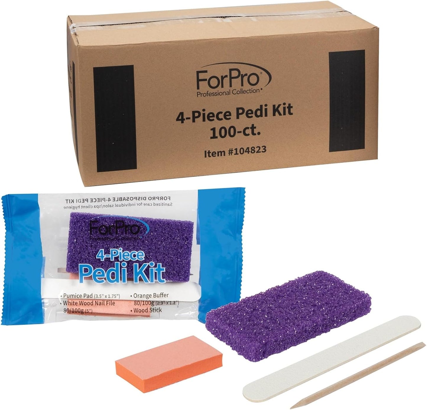 ForPro 4-Piece Pedi Kit, 100-Count, Individually-Packed Pedicure Set, Purple Pumice Pad, White Wood Nail File 80/100 Grit, Orange Mini Buffer 80/100 Grit, Wood Stick