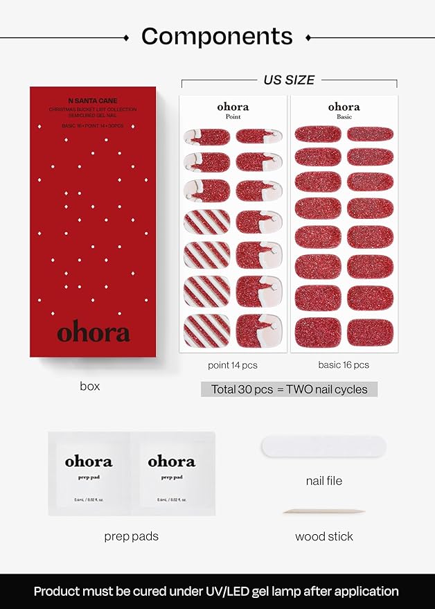 ohora Semi Cured Gel Nail Strips (N Santa Cane) - Red/White, Works with Any UV/LED Lamps, Salon-Quality, Long Lasting, Easy to Apply & Remove - Includes 2 Prep Pads, Nail File & Wooden Stick