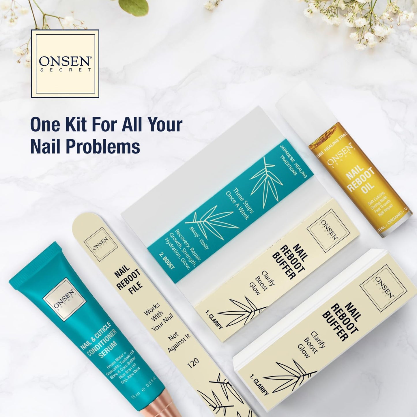 Onsen Secret Ultimate Nail Reboot Kit - Includes Cuticle Oil & Anti Aging Hand Lotion, Professional Nail File and Buffer, 3-Way Block w/Replacement Pads, Nail Strengthening Cuticle Cream