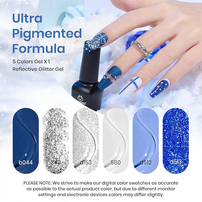 Beetles Winter Gel Polish Set, Glitter Snowflakes Collection Christmas Polish Set, White Glitter Navy Blue Silver Nails Color Gel Soak off UV LED Lamp Gift for Christmas