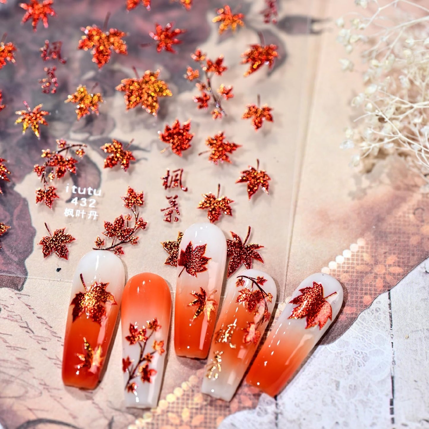 1 Sheets Fall Nail Stickers for Nail Art 5D Self-Adhesive Embossed Maple Leaf Nail Art Stickers Red Autumn Maple Leaves Nail Decals Thanksgiving Nail Design Sticker for Women DIY Manicure