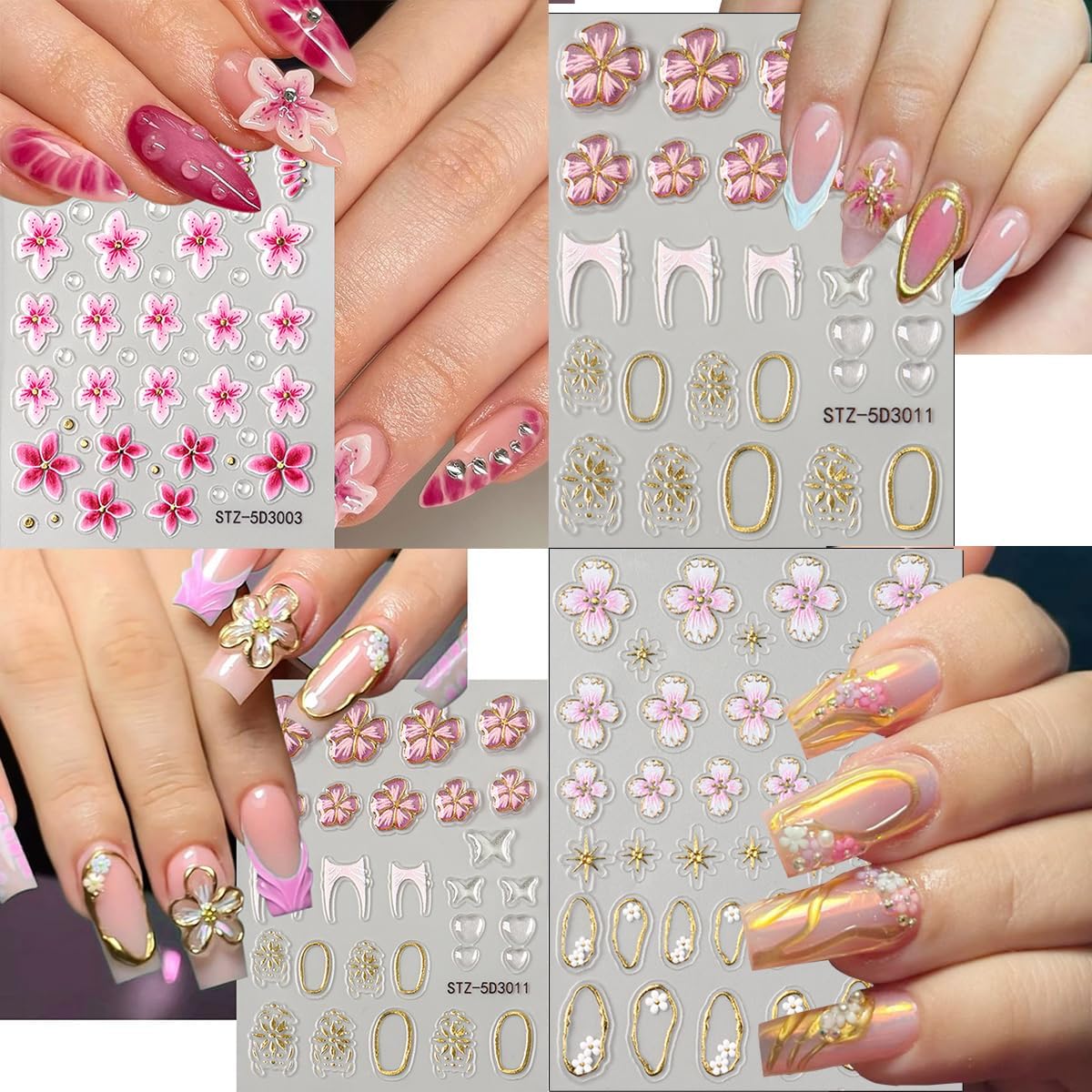 Flower Nail Stickers 5D Embossed Cherry Blossom Nail Decals Pink Floral Gold Star French Nails Art Stickers Cute Nails Supplies Spring Flower Manicure Decoration Accessories Charms for Women Girl 4Pcs
