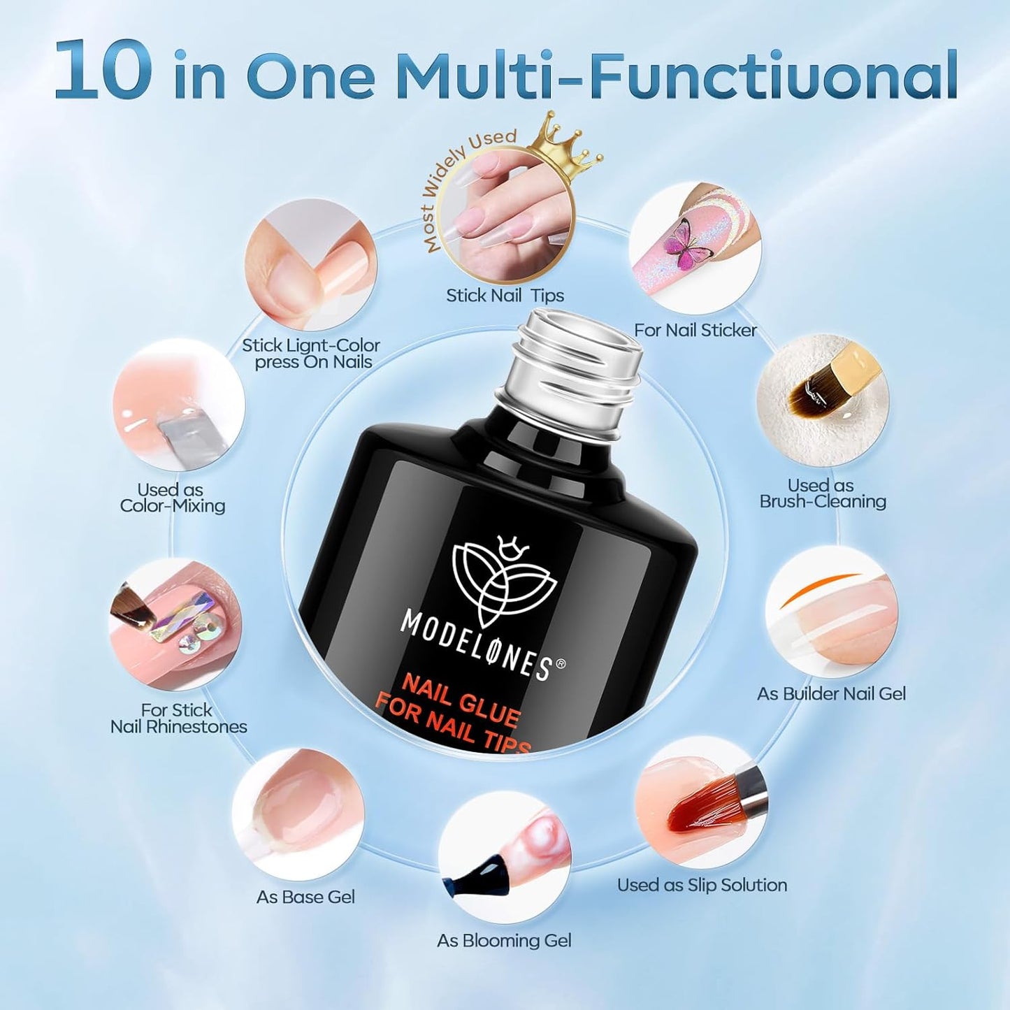 Modelones 10 in One Nail Glue Gel Base Coat Brush On Nail Polish Glue 15ml for Tips, Rhinestones, Blooming Art Gel Kit for Acrylic Tips U V Lamp Needed