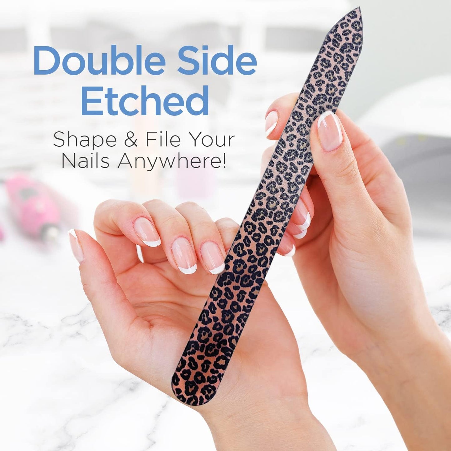 Pop Sonic Double-Sided Glass Nail File | Fingernail Files for Shaping & Smoothing Nails | High-Quality Tempered Glass | Strong, Wear-Resistant Filer w/Protective Carrying Case (Leopard)
