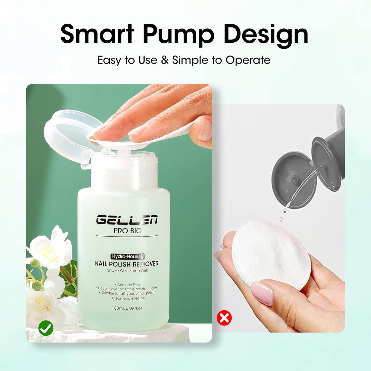 Gellen Nail Polish Remover, Acetone Free Non Toxic Nail Polish Remover for Air Dry Nail Polishes, Jasmine Scent Healthy Natural Fingernail Polish Remover with Easy Push-down Pump, 6.09 Fl Oz