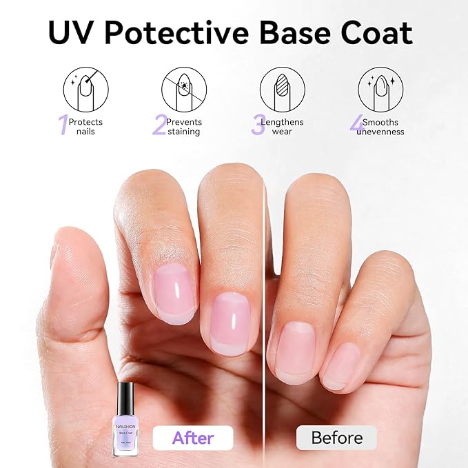Clear Base Top Coat Anti-UV, 2PCS Calcium & VE Base Nail Strengthener High Shine Top Coat, Chip Resistant Quick Air Dry, Protects Color & Nails Prevents Discoloration Women Gift