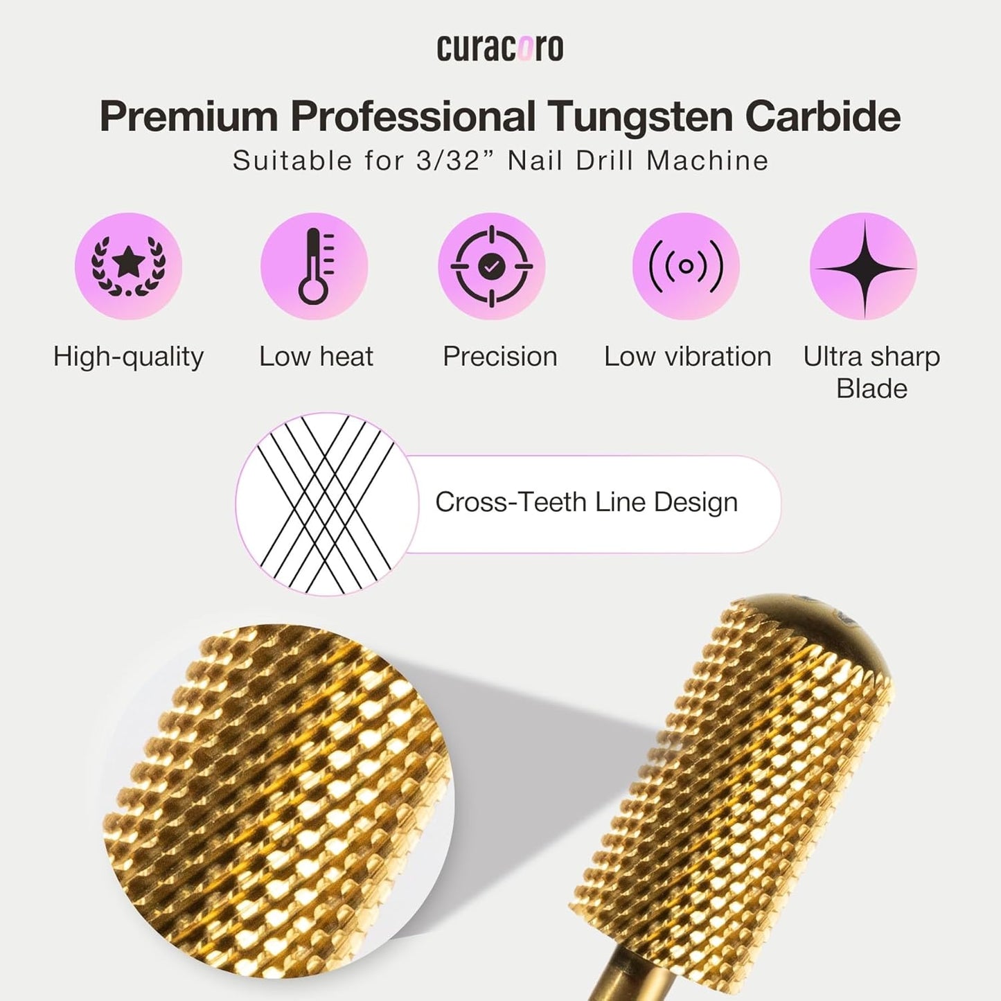 Curacoro Nail Drill Bits 3/32'' - L-Shaped Smooth Stop Barrel Carbide Bit (Medium) for Professional Finish, Refine & Smooth Acrylic or Gel Nails, Nail Art Pedicure Manicure Salon & Home