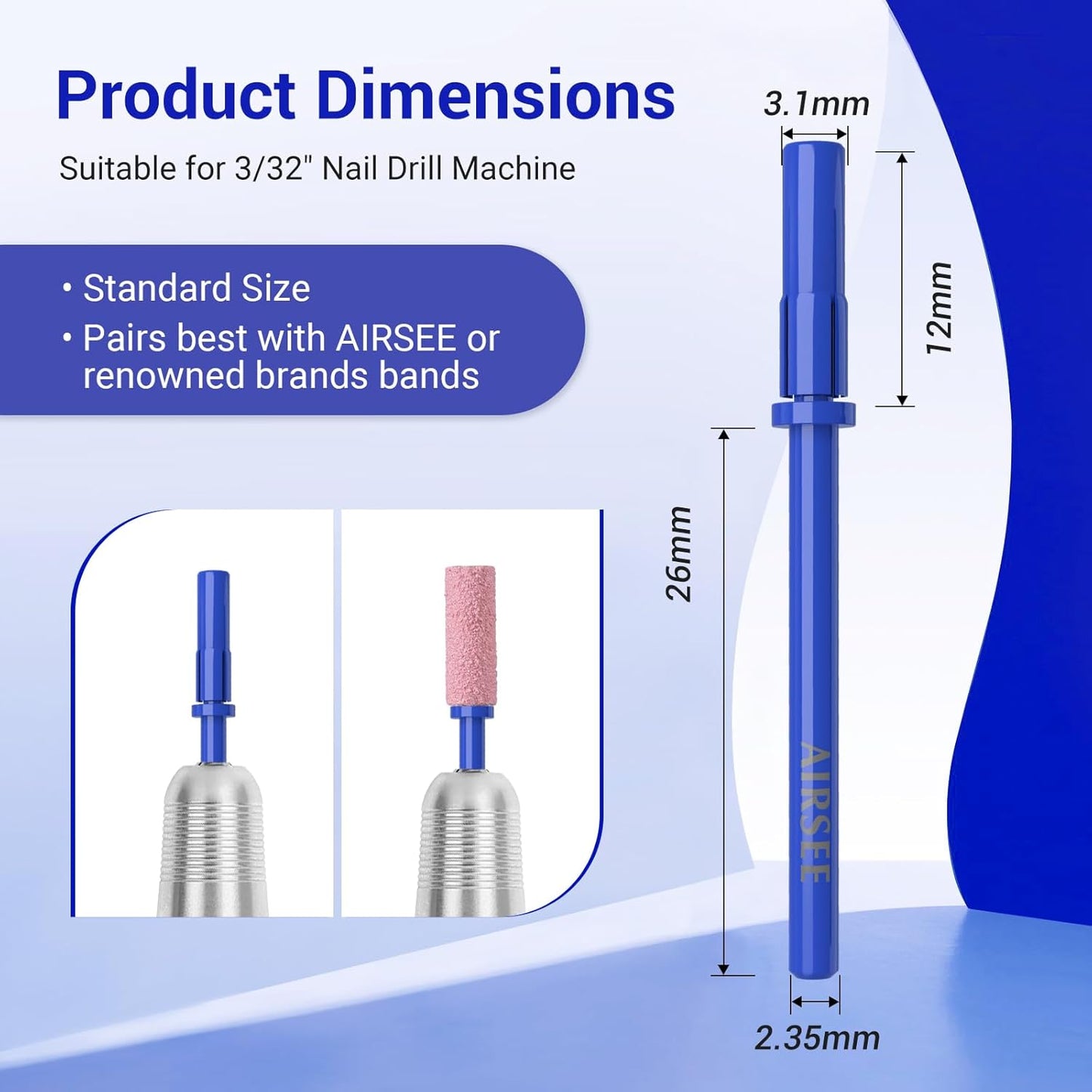 AIRSEE 3.1mm Small Nail Drill Mandrel Bits for Mini Efile Sanding Bands, Stainless Steel Professional Electric Head Clean Remove Cuticle Removing, Acrylic Manicure Sander Safety (Klein Blue)