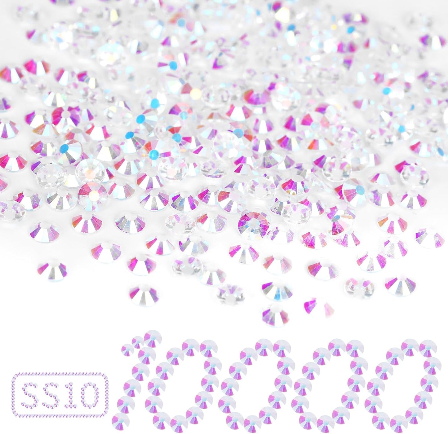 10000PCS Transparent AB Rhinestones Bulk, Flat Back Crystal Glass Stone Round Gems,SS10, 2.7-2.9mm