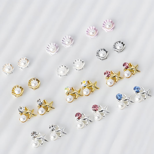 24Pcs Summer Nail Charms 3D Metal Nail Art Studs Seashell Starfish Theme Ocean Nail Rhinestones Sea Shell Nail Gems Pearl Colorful Crystal Design Nails Supplies Summer Beach DIY Crafts Manicure Decor