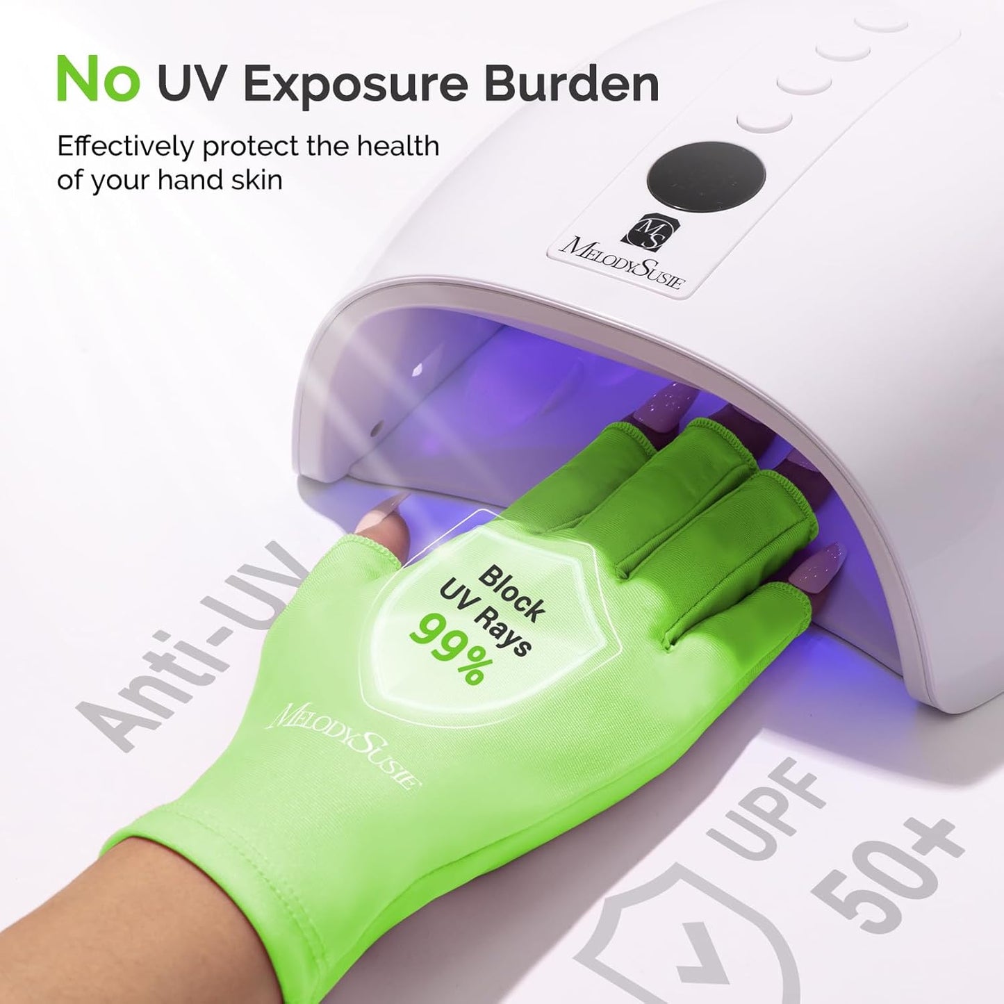 MelodySusie Premium UV Protection Gloves for Manicures, Cool Feeling Fabric,Professional UPF50+, UV Nail Gloves for Gel Nail Lamp, Anti UV Light, Skin Care Fingerless Design, Neon Green