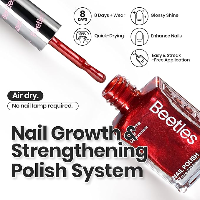 Beetles Fall Nail Polish Set - Glamour Era 6 Colors Quick Dry Glitter Burgundy Red Gold Green Yellow High-Gloss Long-Lasting Nail Polish for DIY At-Home Manicure Christmas Gift for Women