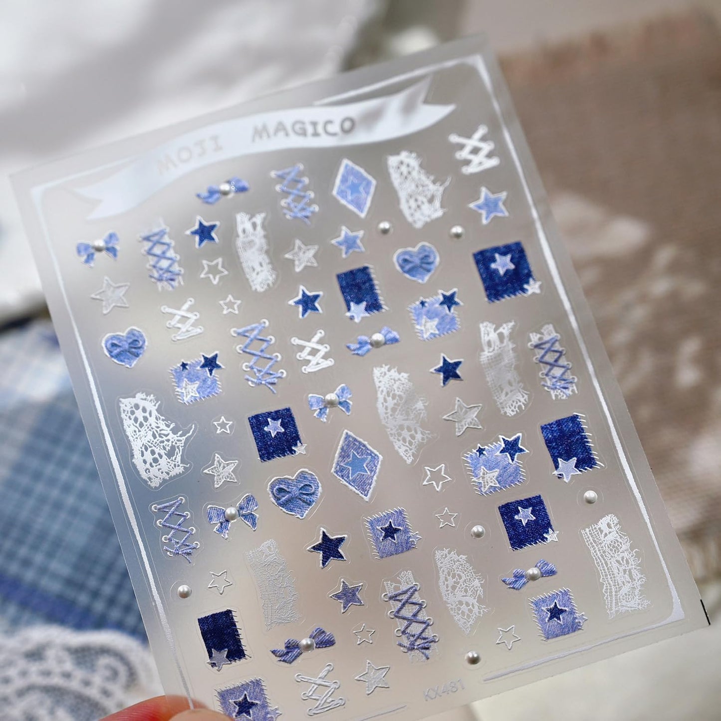 Cowboy Nail Art Stickers Decals 5D Embossed Bow Star Pearls Nail Stickers Self-Adhesive Blue Cowboy Nail Decals Supplies for Women DIY Manicure Decorations 1 Sheets