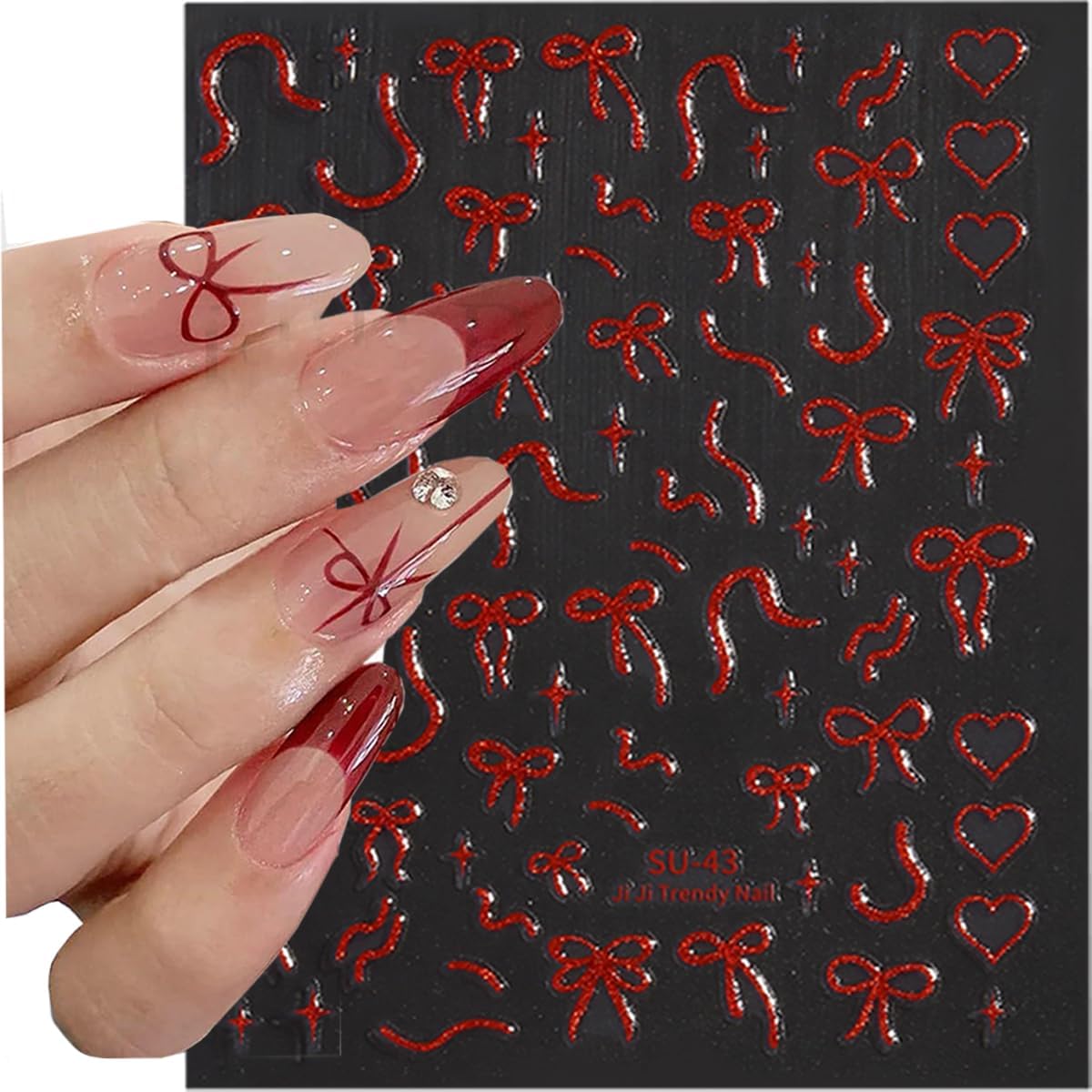 6Sheets Bow Nail Stickers for Nail Art Glitter Red Gold Bows Nail Decals Aurora Cute Nail Art Stickers 3D Self Adhesive Nails Design Charms Supplies for Women Girls Manicure Decorations