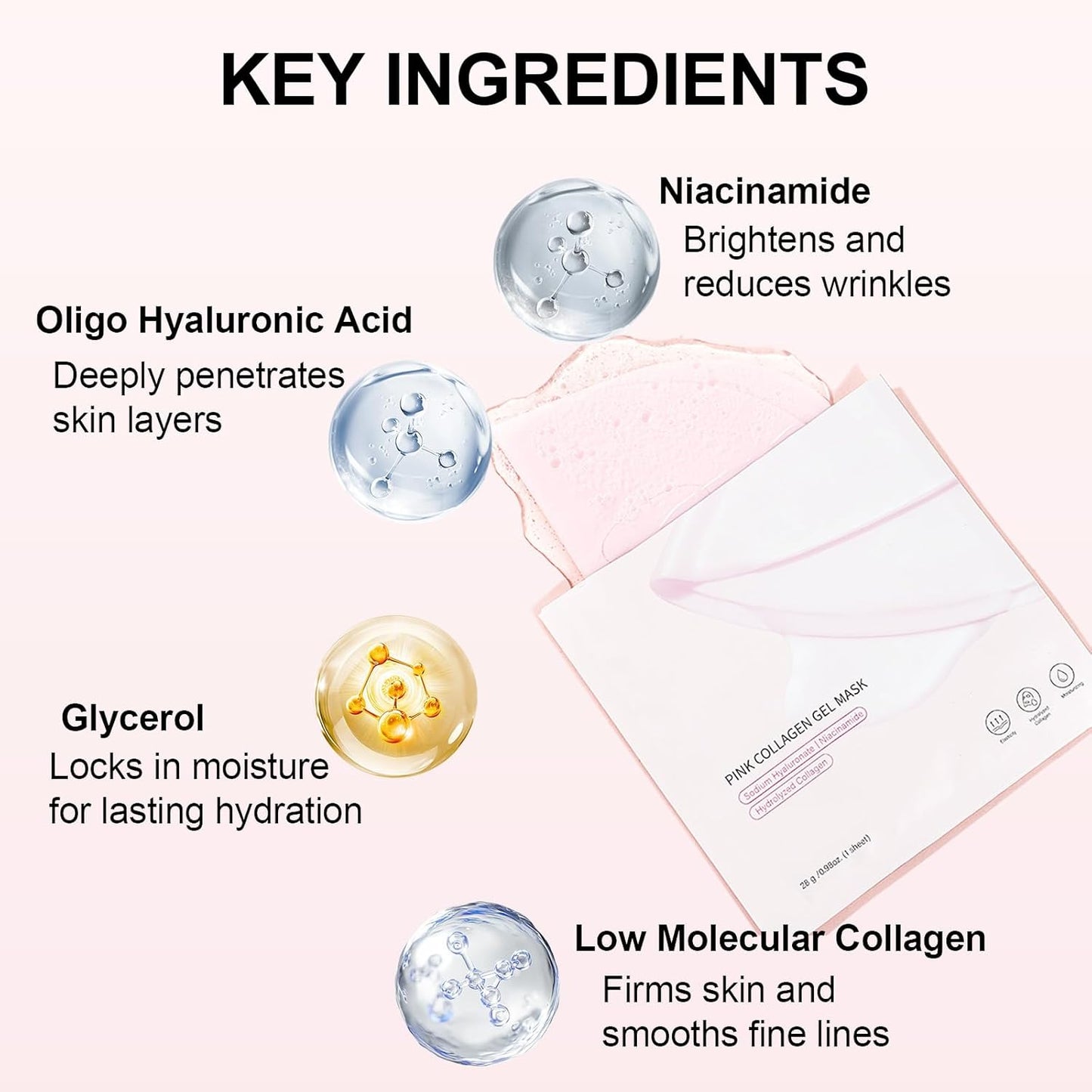 Pink Collagen Jelly Gel Sleeping Mask, Overnight Face Mask for Glass Glow Skin Hydrating Firming Elasticity, Deep Moisture Barrier Care, Cooling Refreshing Korean Skincare, 28g x 4pcs