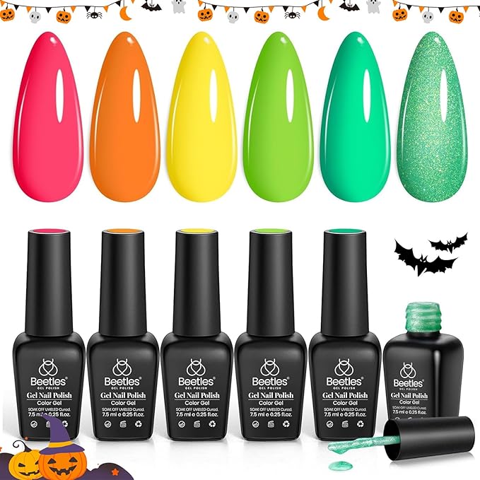 Beetles Halloween Gel Nail Polish Set 6 Colors Neon Hot Pink Coral Orange Yellow Green Glitter Green Gel Nail Polish Kit Soak Off Uv Manicure Gifts for Women Joyful Future