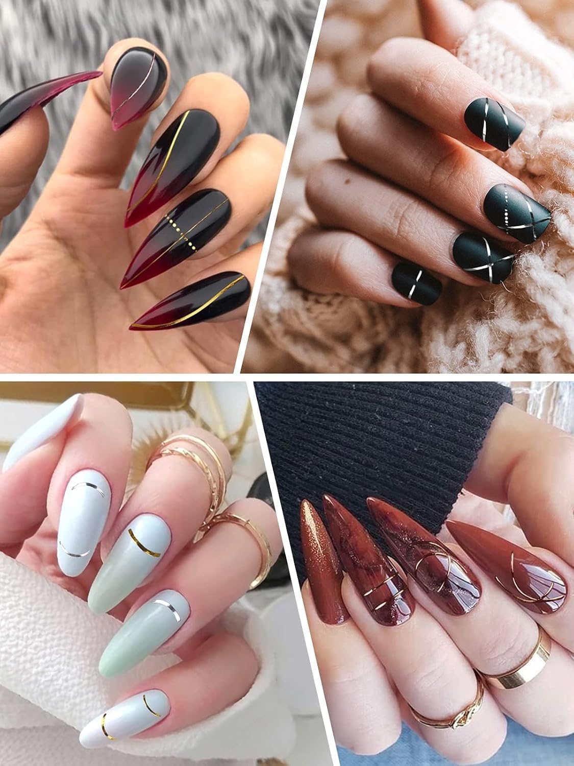 EBANKU 12 Sheets Gold Silver Metal Nail Stickers, Metallic Curve Strip Line Nail Decal Self-Adhesive 3D Wave Design DIY Decoration for Women Girls