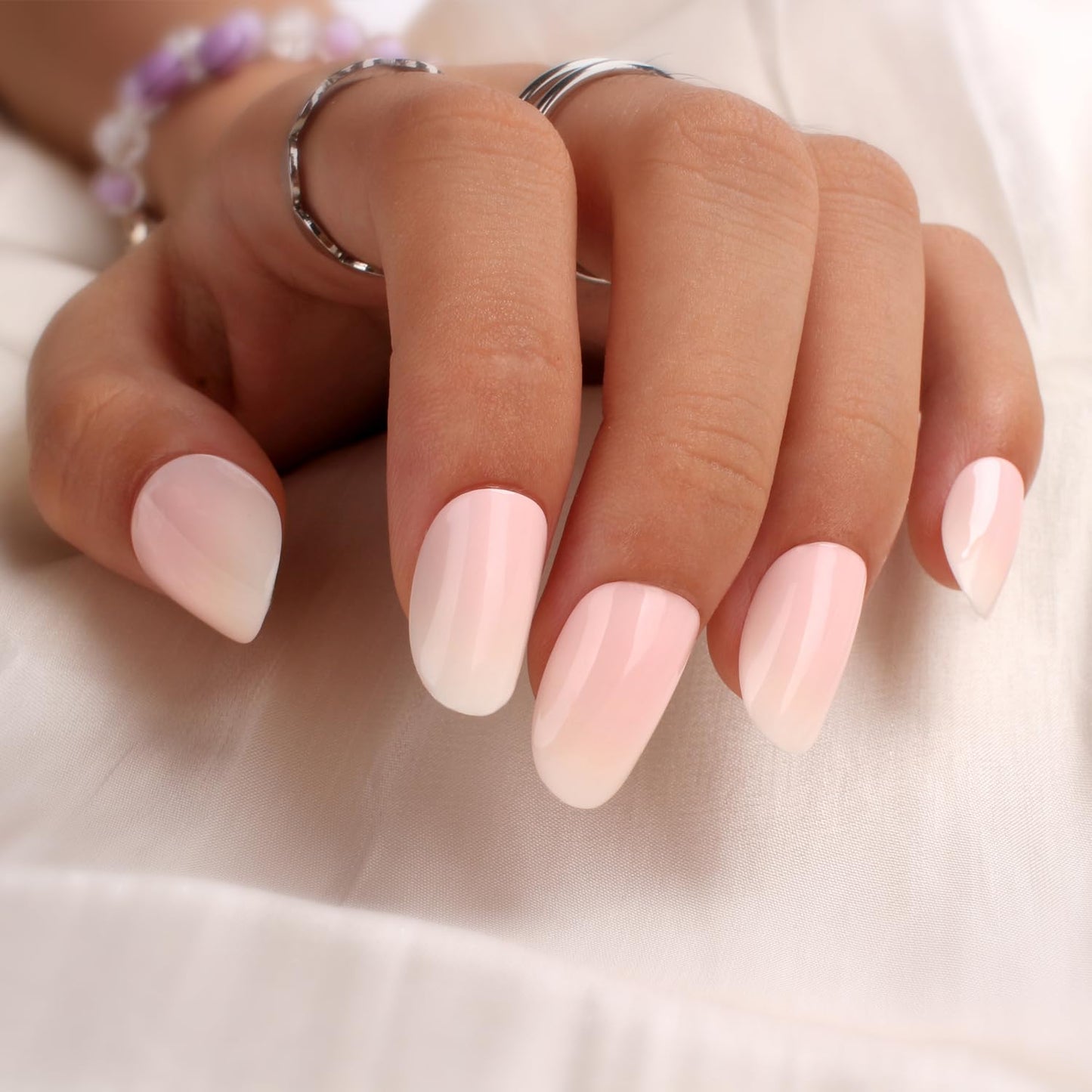 Pink Ombre Press-On Nails, Medium Short Square Shape, Glossy Gel Finish, 24pcs Reusable Nude Gradient Fake Nails Kit for Women, Natural Stick-On Acrylic Nails for DIY Manicure