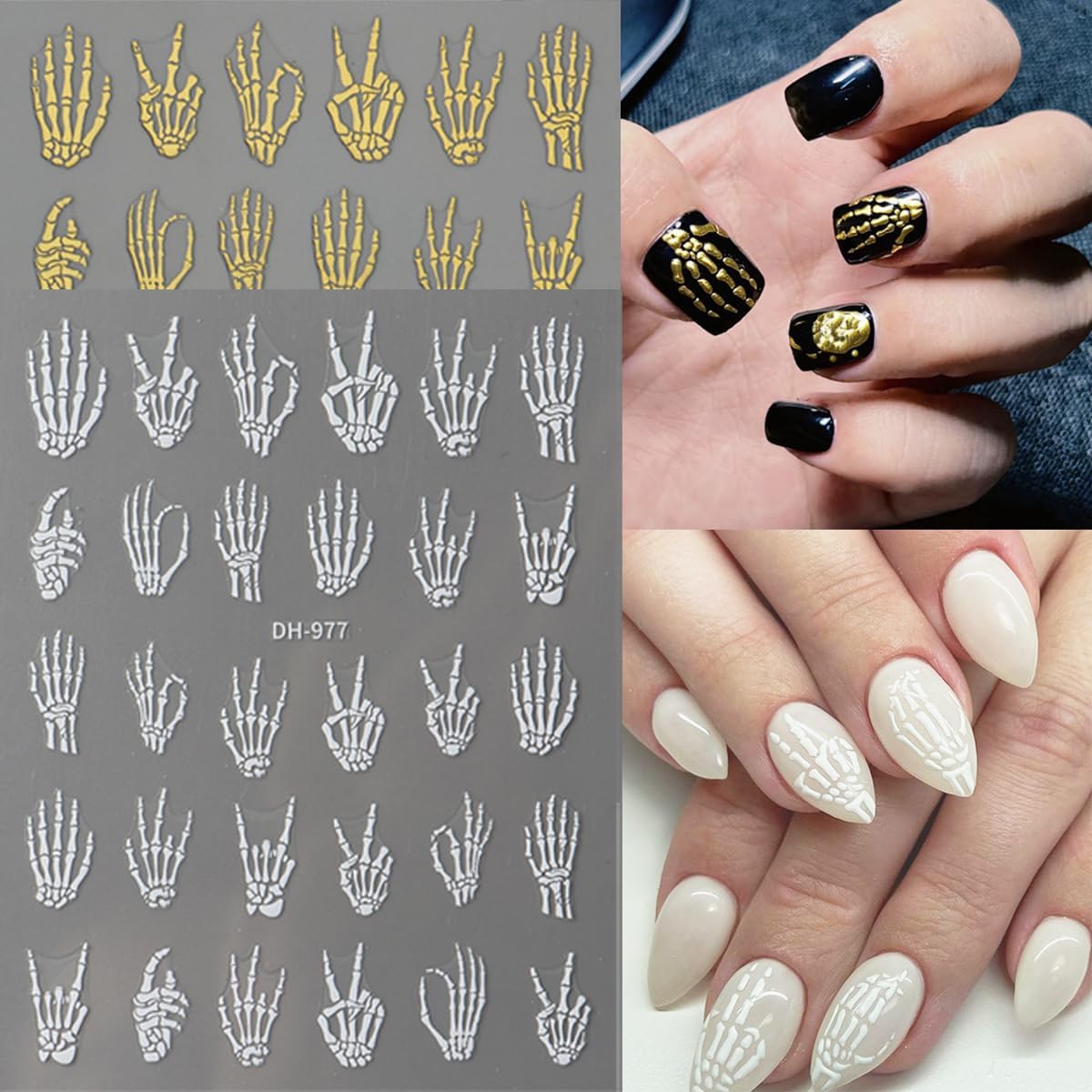 Halloween Nail Art Stickers Decals Horror Hand Bones Skeleton Skull Design Nail Stickers 5D Embossed Goth Nail Decals for Women DIY Manicure Halloween Party Nails Decorations 4 Sheets