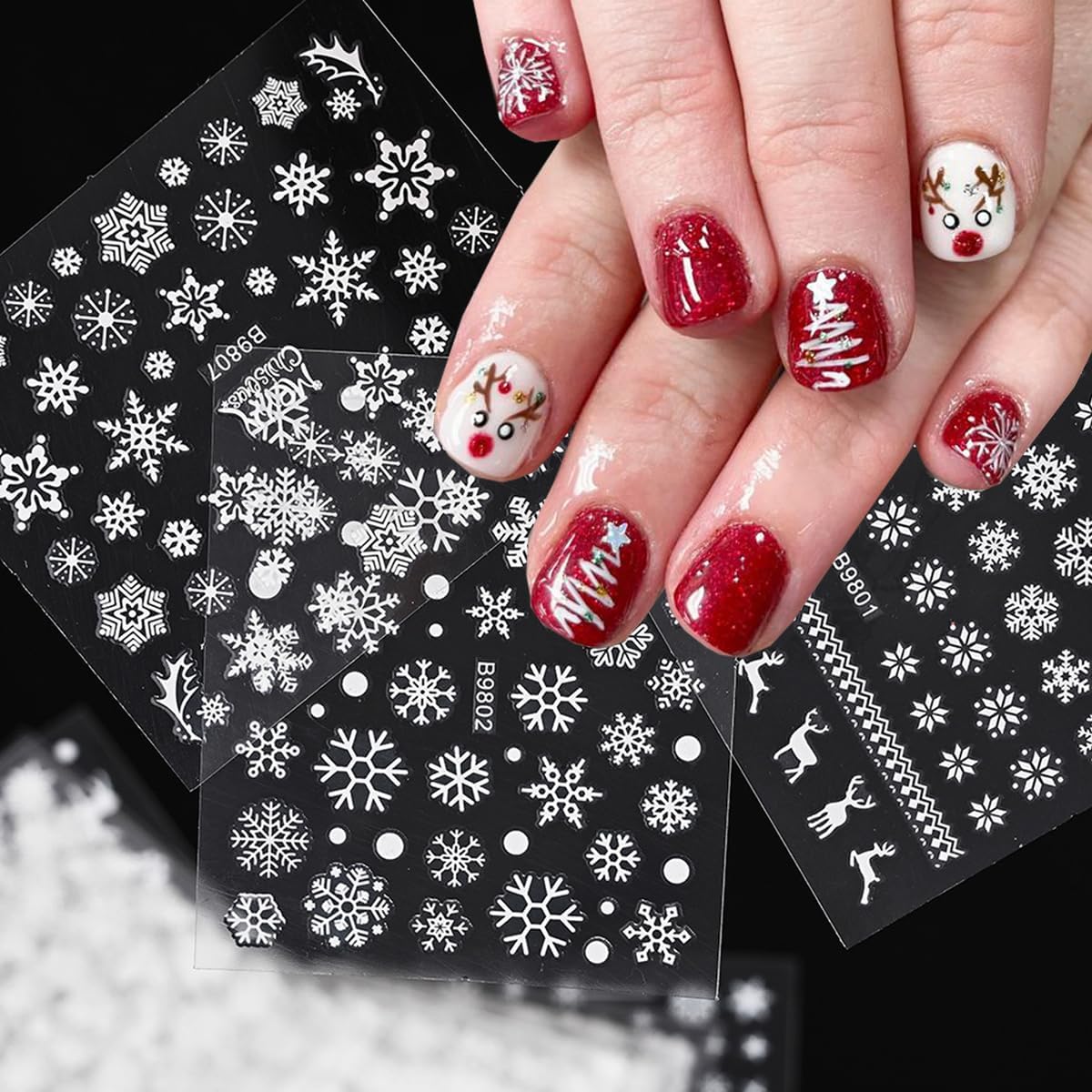 30Sheets Christmas Snowflakes Nail Art Stickers Decals for Kit with White Snowflake Glitter Design 3D Self Adhesive Nail Art Supplies Sticker Winter Xmas Nail Art Decoration Snow Manicure for New Year