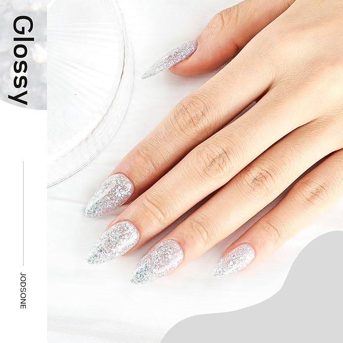 JODSONE Silver Glitter Gel Nail Polish 10ml Soak Off LED Nail Polish Silver Nail Color Salon Quality Vegan & Cruelty-Free Low Odor Need U V Lamp Curing
